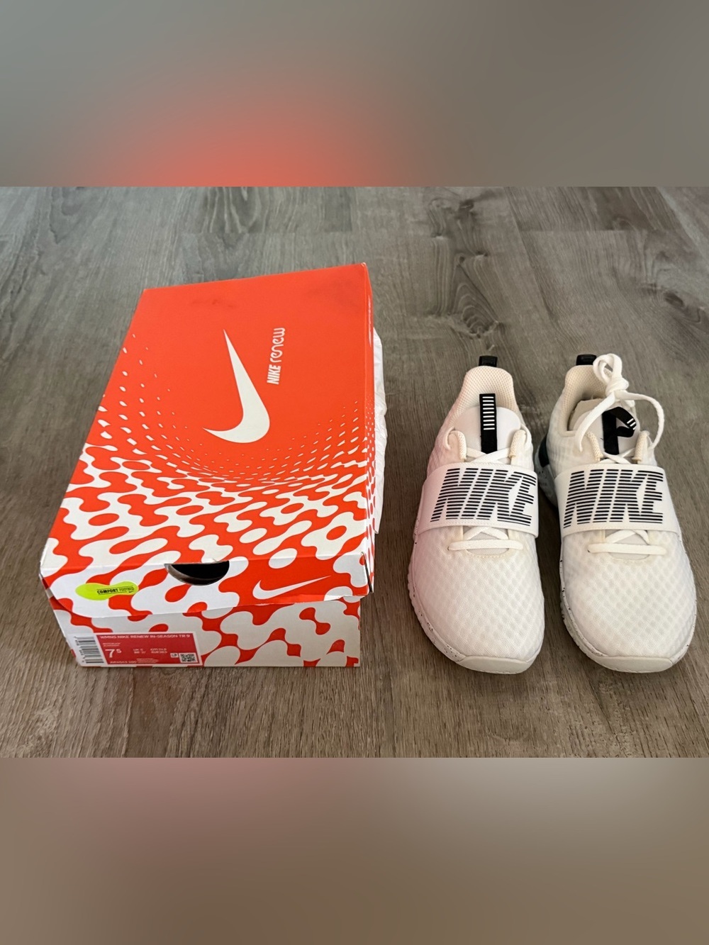Women’s Nike Renew In Season TR 9 White Sneakers with Black Logo Strap